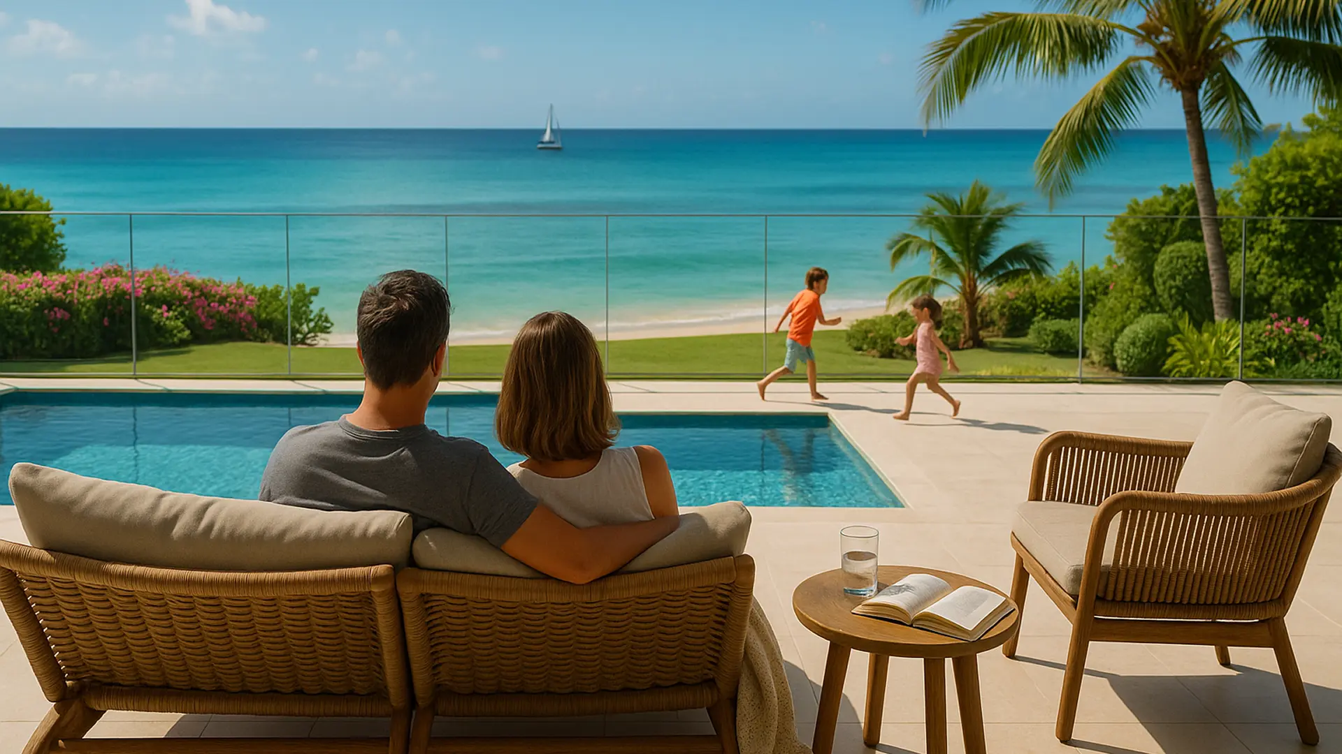 The Perfect Familymoon in Barbados, family enjoying the coastal views on their private villa while kids play by the pool